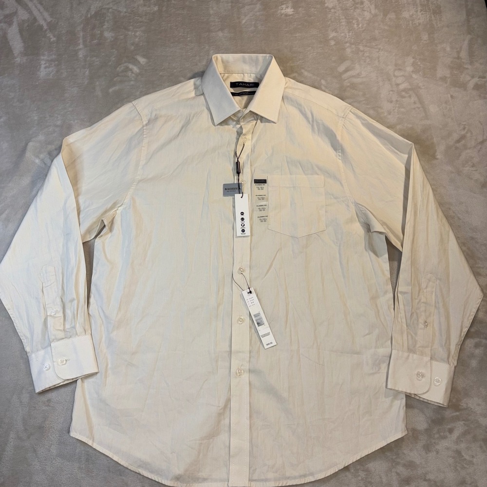 Tahari Mens Classic Fit Armor Dress Shirt Cream 15-15.5 32/33 Non Iron‎ Cotton